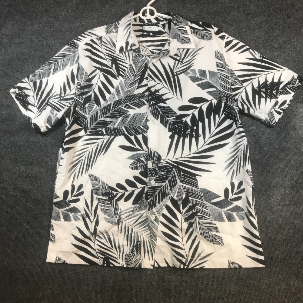 Café Luna Hawaiian Shirt Mens Large Black White Tropical Palm Leaf Short Sleeve